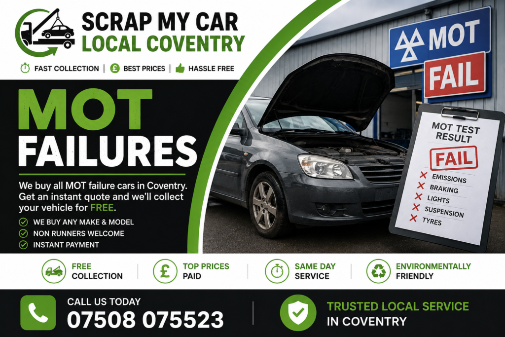 Scrap My Car Local Coventry, we provide a reliable and convenient solution for MOT failure vehicles,